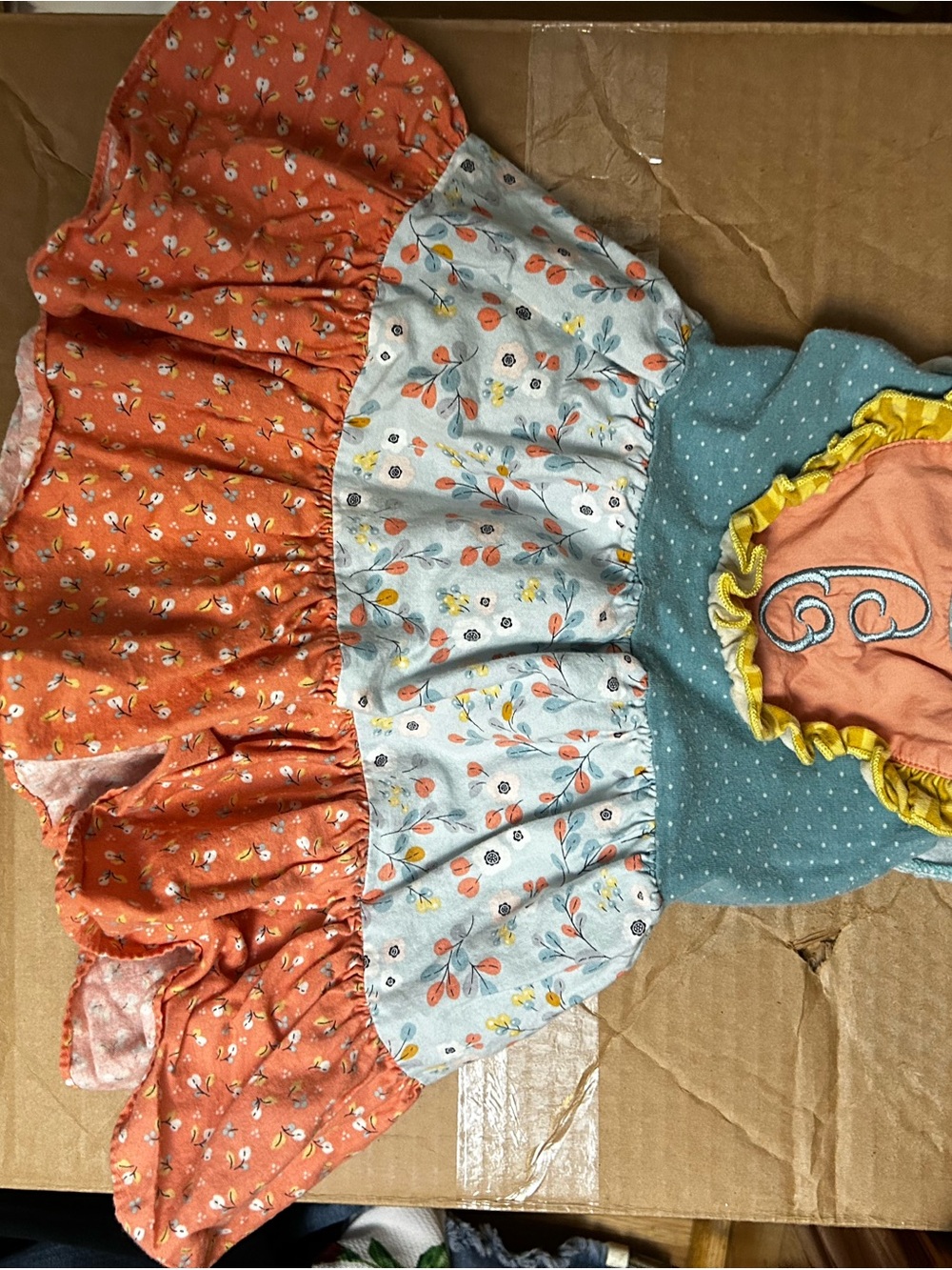 Floral Tiered Skirted Dress in Coral, Light Blue & Teal